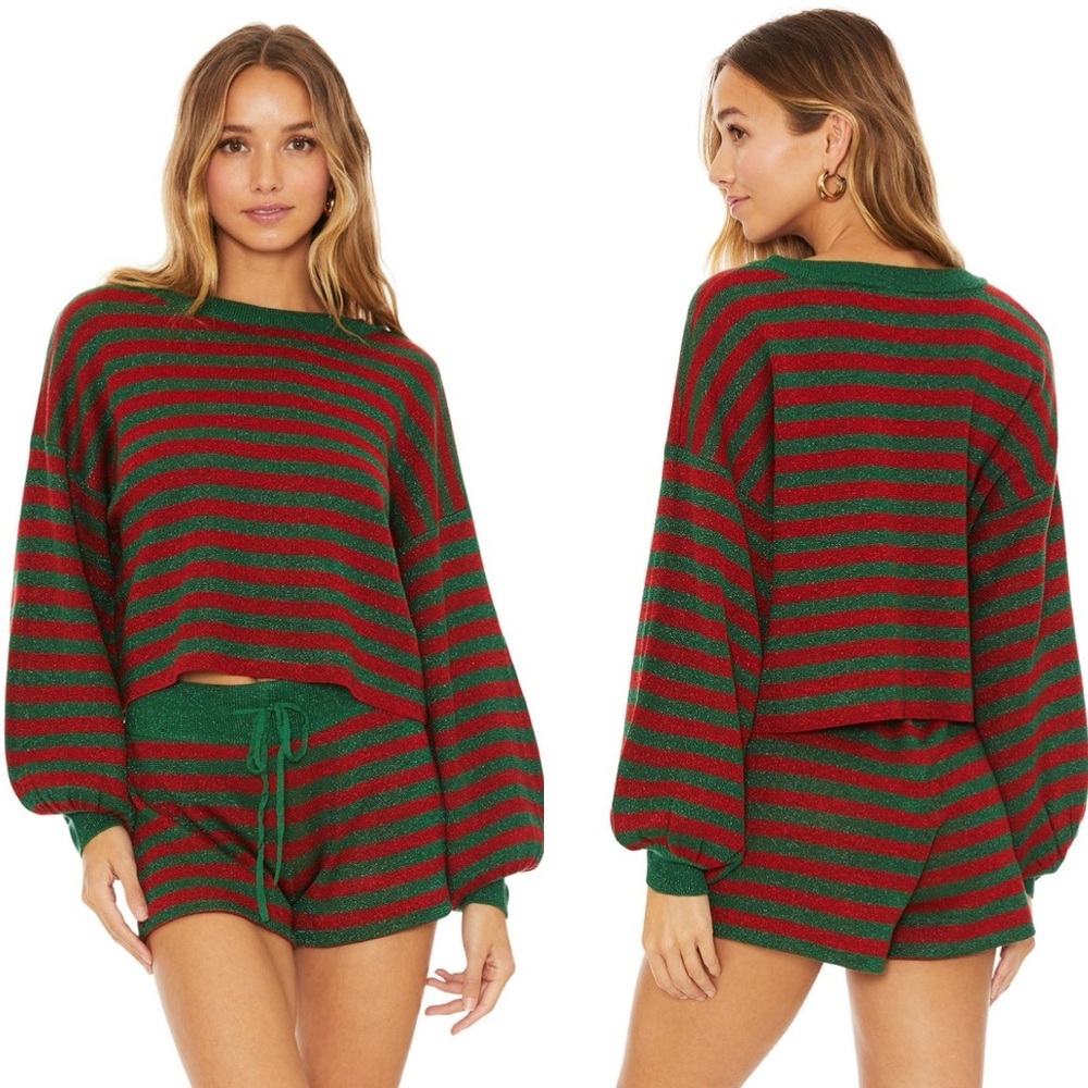 BEACH RIOT Ava Holiday Glitter Striped Crop Long Sleeve Sweater Pullover Top